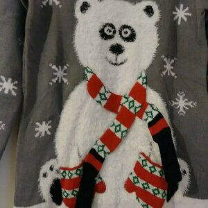 Derek Heart Juniors Gray/White Panda Bear Pullover Ugly Xmas Sweater L 067